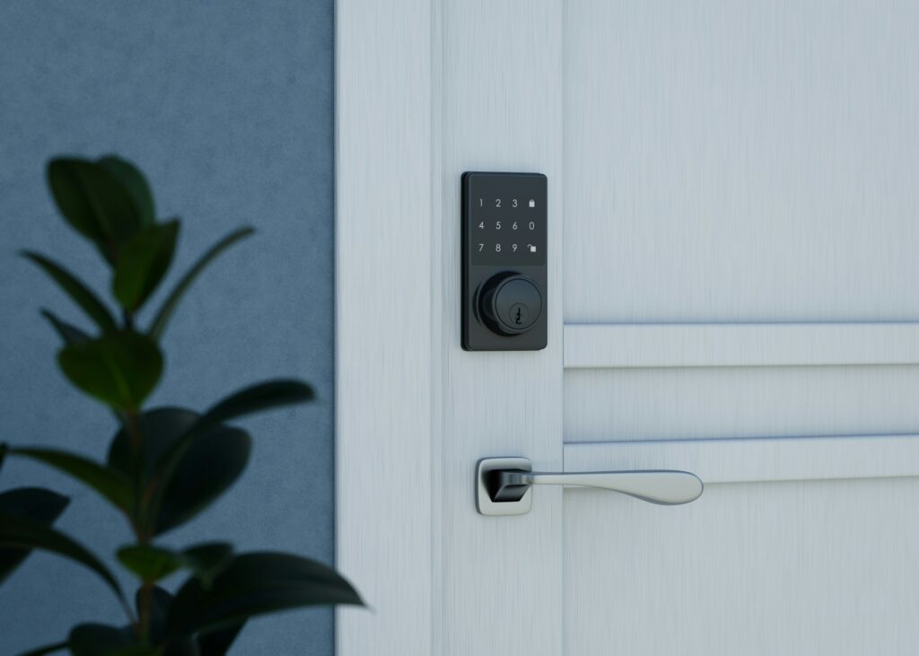 Smart lock on a modern door, ensuring security and convenience for Budapest stag do accommodation options.