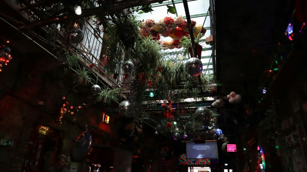 Interior of a popular ruin bar in Budapest, featuring quirky decor and vibrant lighting, perfect for a night out with friends.